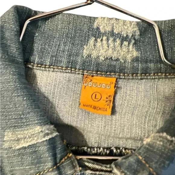 Boho Cropped & Distressed Denim Jacket, Sz L - Picture 5 of 5